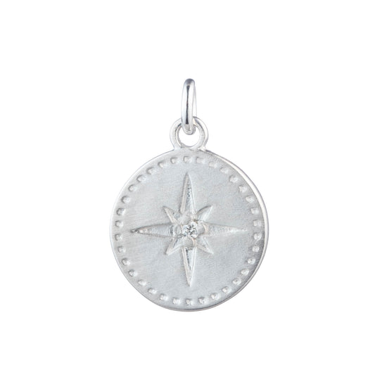 Nantucket Compass Charm with Diamond in Sterling Silver