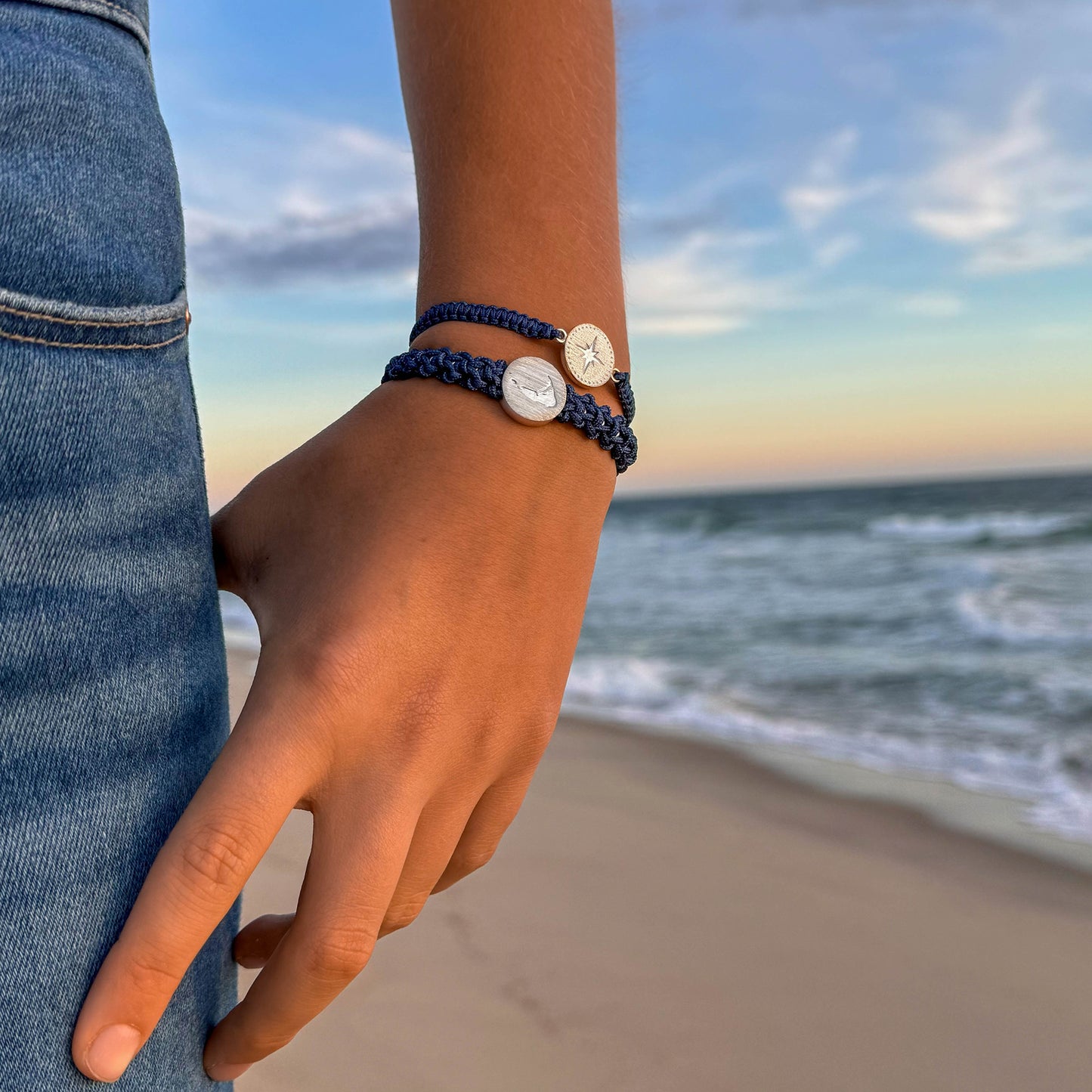 Nantucket Compass Thin Woven Bracelet in Sterling