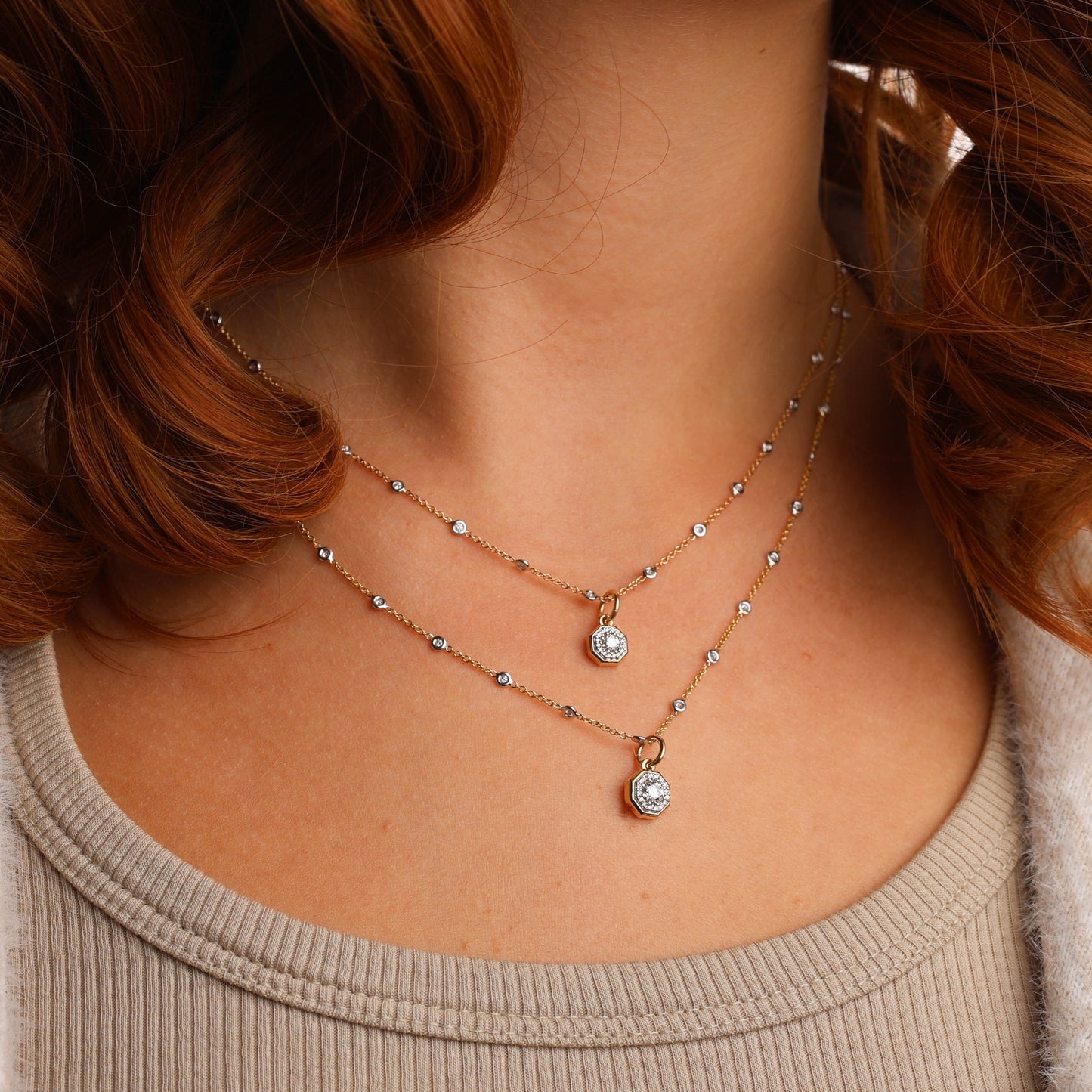 Octagonal Diamond Pendant in Yellow and White Gold