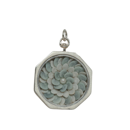 Load image into Gallery viewer, Blue and White Operculum Sailor’s Valentine in Sterling
