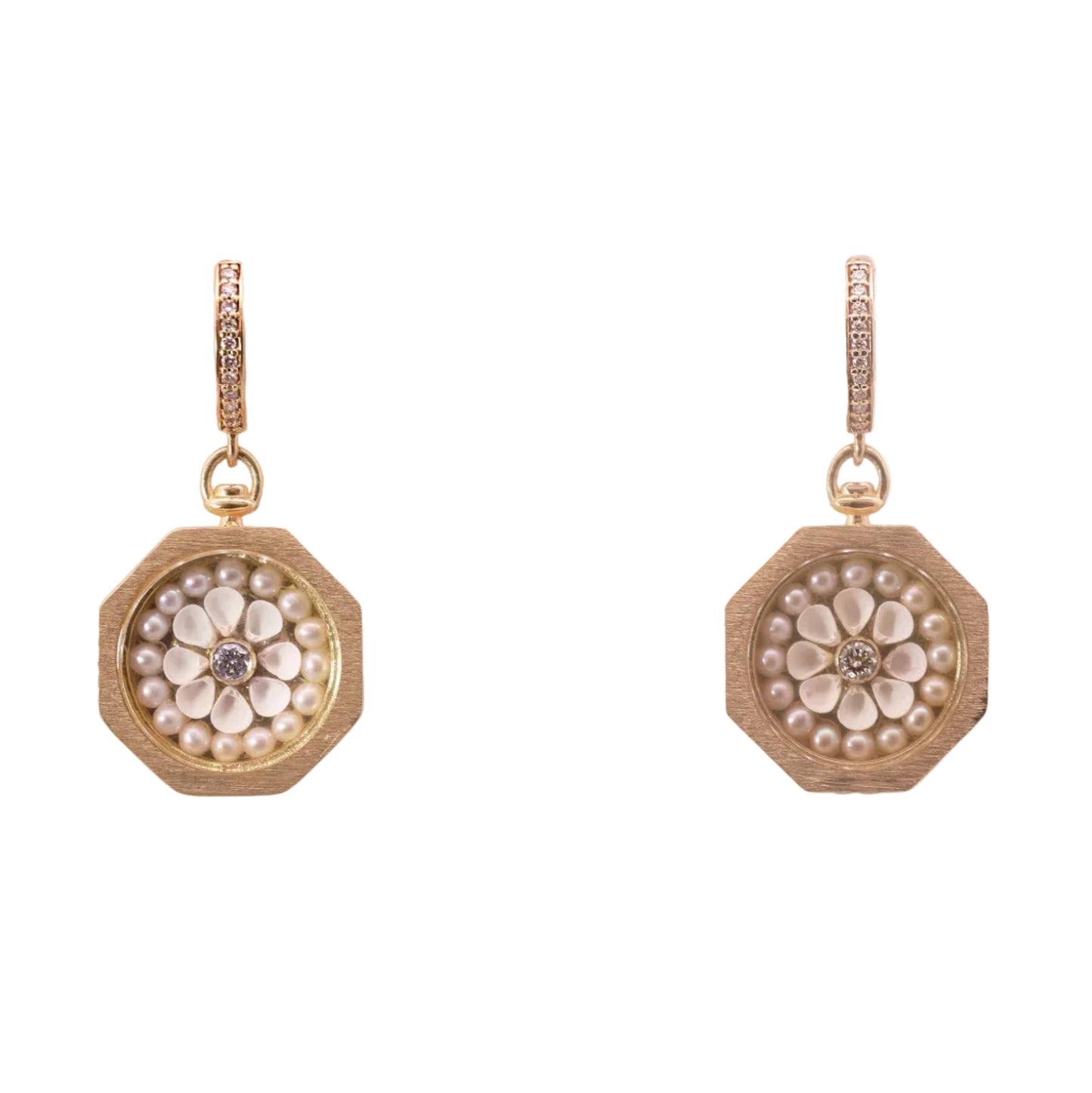 A pair of yellow gold drop earrings featuring octagonal charms with a floral design made of shells and freshwater pearls and a central diamond, shown on a plain white background.